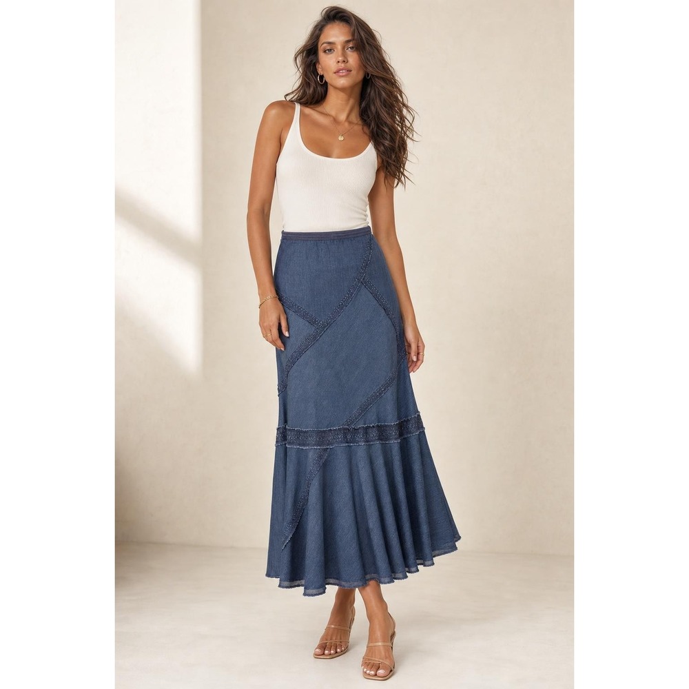 Nic+Zoe Denim Maxi Skirt Womens 2P Blue Boho Coastal Patchwork Festival A Line